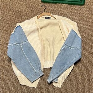 SHEIN Cream Knit Cardigan with Light Blue Denim Sleeves